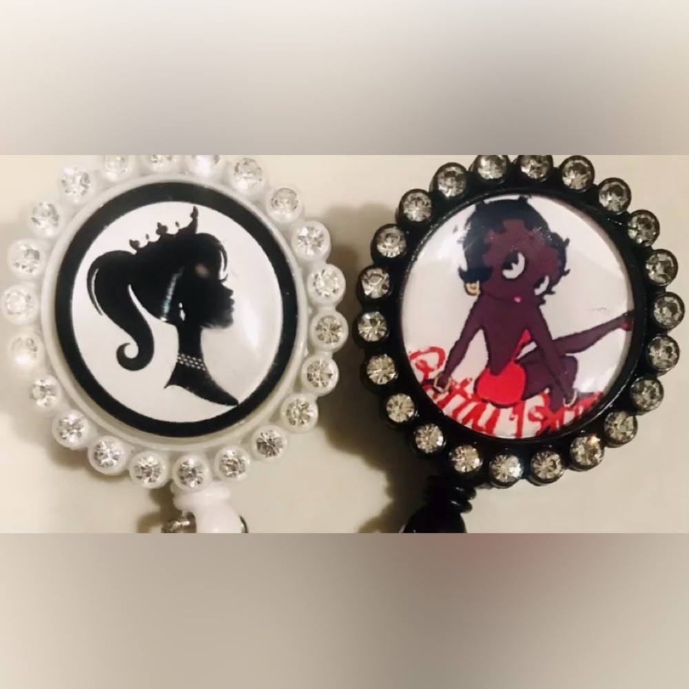 2 Crystal African Sister Black QUEEN + Betty Boop Nurse RN ID Holder Badge Reels
